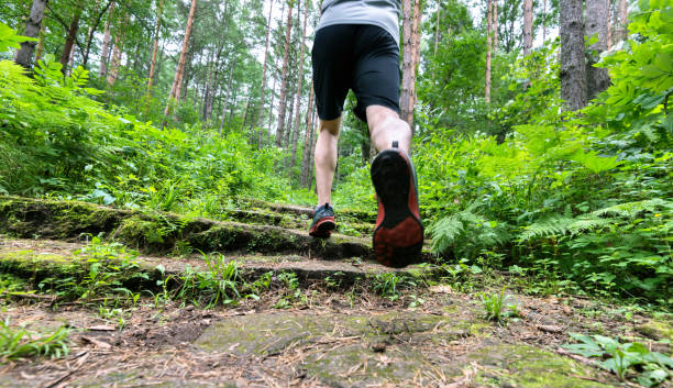 istock Man feet running on the steps of forest 908651460
