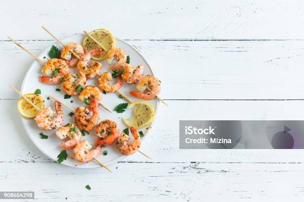 Shrimp Skewers Stock Photo - Download Image Now - Skewer, Shrimp - Seafood, Lobster - Seafood