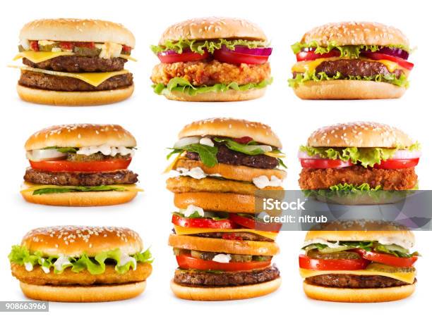 Photo libre de droit de Hamburgers Divers Isolés Sur Fond Blanc banque d'images et plus d'images libres de droit de Burger - Burger, Fond blanc, Objet ou sujet détouré