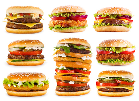 set of various hamburgers isolated on white background