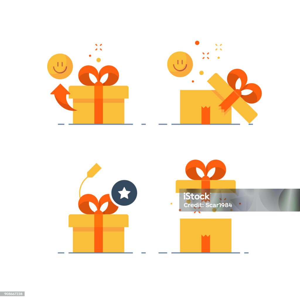 Prize give away, surprising gift, emotional present, fun experience, gift idea concept, flat icon Surprising gift set, prize give away, emotional present, fun experience, unusual gift idea concept, opened yellow box with red ribbon, flat design icon, vector illustration Gift stock vector