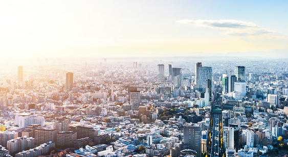 Asia Business concept for real estate and corporate construction - panoramic modern city skyline bird eye aerial view of Shinjuku under blue sky in Roppongi Hill, Tokyo, Japan