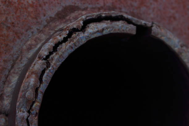 Abstract industrial background with a black hole and scars of welding close up on a rusty coarse metal surface