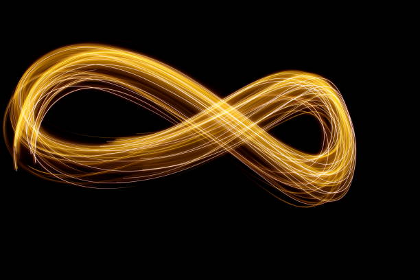 istock Gold light painting photography, stream of light in an infinity loop pattern, long exposure photo, against a black background 908675266