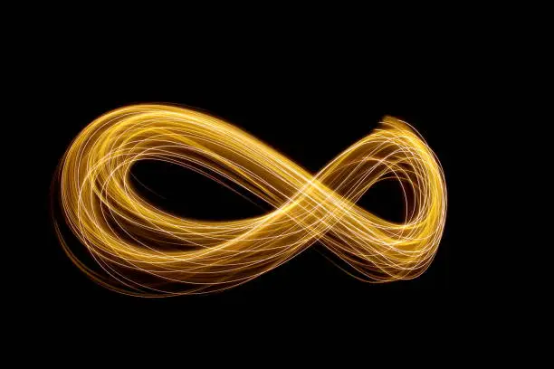 Long exposure photograph of metallic gold fairy lights, in a range of golden tones in an infinity shape loop against a black background