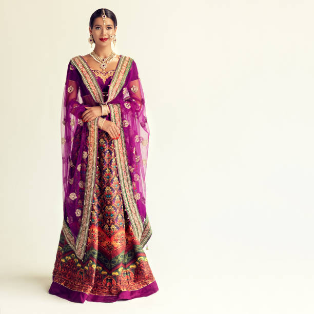 Portrait of beautiful indian girl dressed in a traditional national suit and gilded hand-made ornate blouse and shawl. Young attractive woman, dressed in a traditional indian suit-sari. Splendid jewelry set, purple blouse and shawl (dupatta) with gilded hand-made decoration. Portrait in a full height. sari stock pictures, royalty-free photos & images