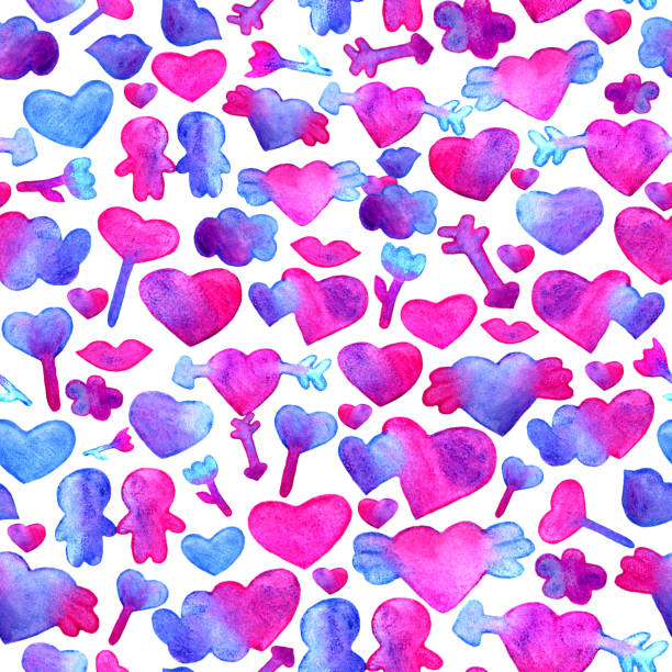 istock Seamless pattern with blue, pink watercolor hearts. arrow, lips, people romantic design. Isolated on white background. Hand painted brush elements. Modern and teen. Love sign. Valintine Day texture. 908678282