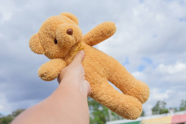istock bear toy in hand with a blue sky . 908678320