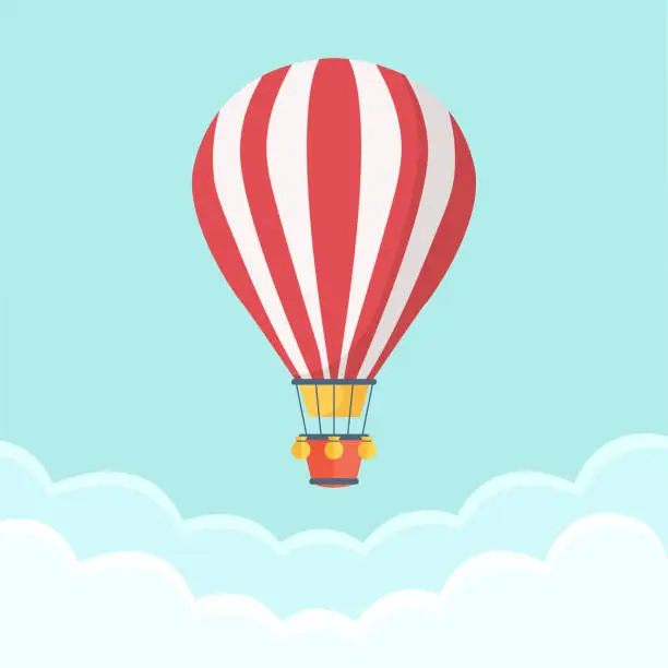 Vector illustration of Hot air balloon in the sky with clouds. Flat cartoon design. Vector illustration