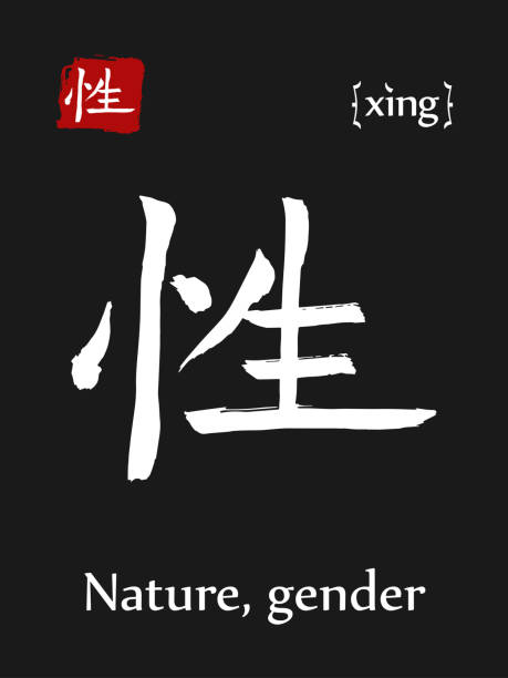 istock Hieroglyph chinese calligraphy translate- nature. Vector east asian symbol with transcription. Hand drawn teaching transliteration card for learning china hieroglyphic. Ink brush Japanese hieroglyp 908679854
