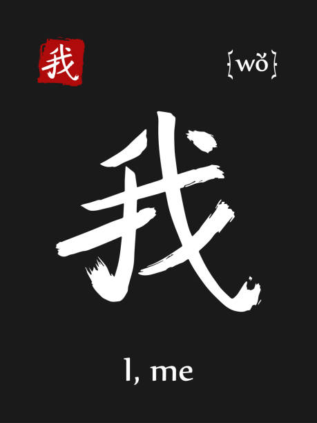 istock Hieroglyph chinese calligraphy translate- i, me. Vector east asian symbol with transcription. Hand drawn teaching transliteration card for learning china hieroglyphic. Ink brush Japanese 908682234