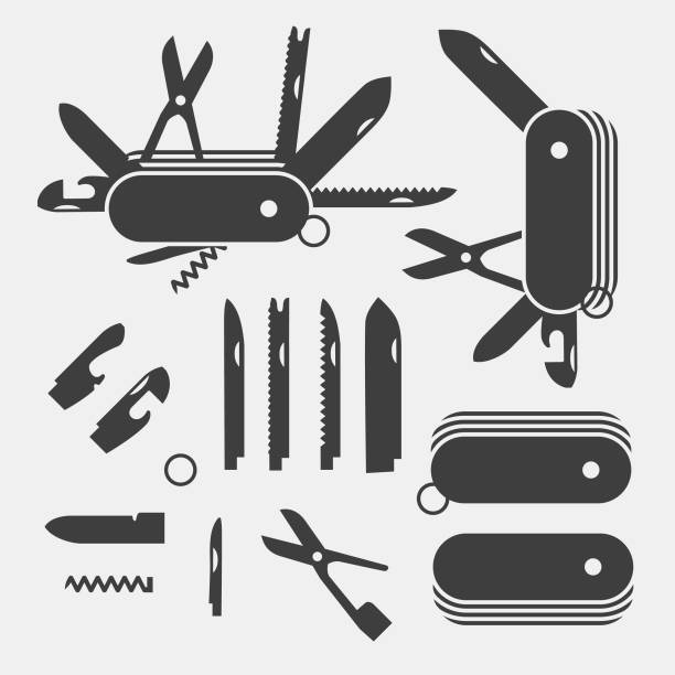 Folding knives to take apart flat icon vector Folding knives to take apart flat icon vector; Multi-tool instrument penknife stock illustrations