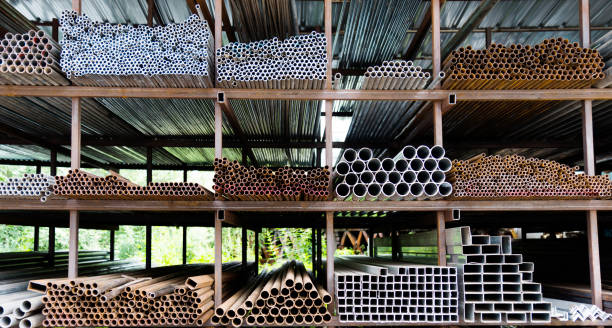 istock Different sizes of steel tubes on the shelf 908686768