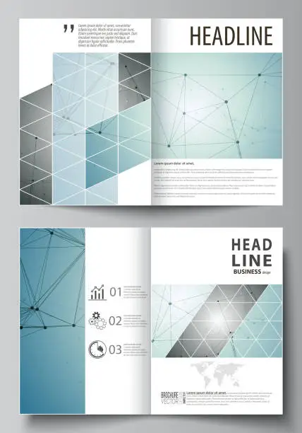 Vector illustration of Business templates for bi fold brochure, magazine, flyer, booklet or report. Cover design template, vector layout in A4 size. Geometric background. Molecular structure. Scientific, medical concept