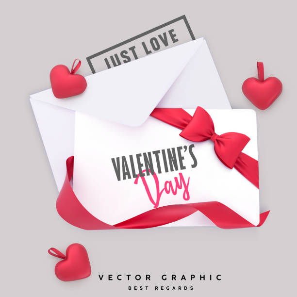 istock Valentine Envelope and Gift card. Valentines Day background with red ribbon bow and hearts. Flat lay vector template. 908689768