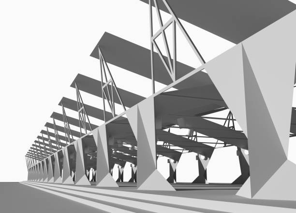 istock Black and white 3D rendering of open building structure. Modern architecture of hangar, garage or train station. 908689886