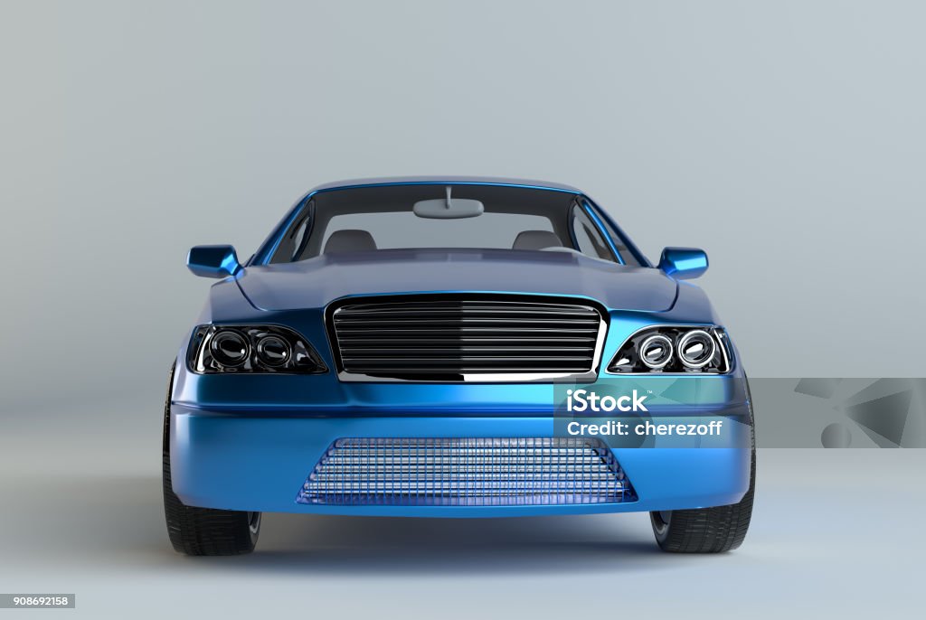 3d rendering of a brandless generic blue 3d rendering of a brandless generic blue car in a studio environemnt Front View Stock Photo