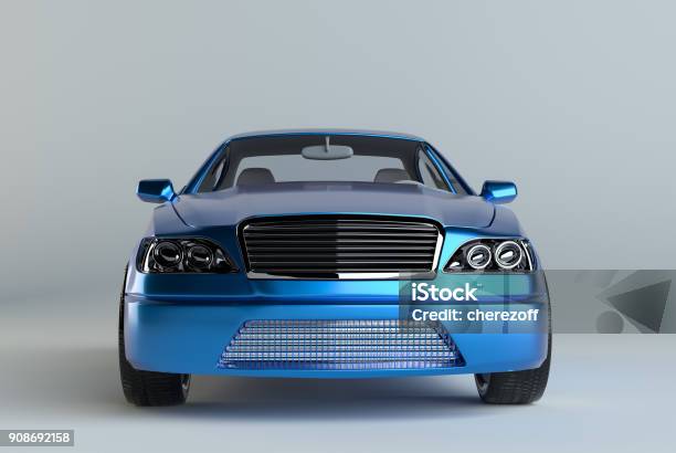 3d Rendering Of A Brandless Generic Blue Stock Photo - Download Image Now - Front View, Car, Cut Out