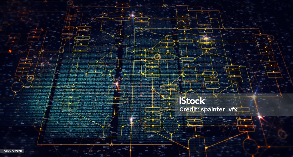 Block chain network Blockchain network concept , Distributed register technology , Block chain text and computer connection with background. 3D Rendering Exchanging Stock Photo