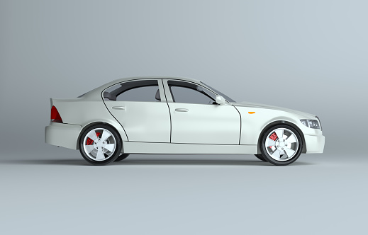 Car on gray studio background - white paint. 3d rendering