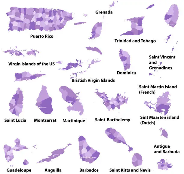 Vector illustration of vector set of high detailed isolated Caribbean American countries maps with regions borders