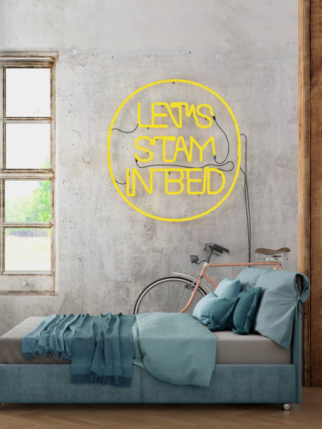 Bedroom interior Bedroom interior background, render with bed, window with curtain, plant in a vase, bicycle, and blank wall for copy space. neon sign on the wall. template background mock up neon bedroom stock pictures, royalty-free photos & images