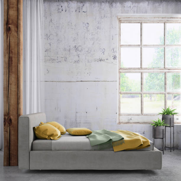 Bedroom interior Bedroom interior background, render with bed, window with curtain, plant in a vase, bicycle, and blank wall for copy space. template background mock up neon bedroom stock pictures, royalty-free photos & images