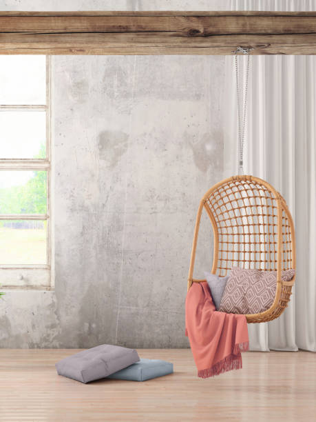 istock Modern hipster interior with pendant chair window and curtains with copy space wall 908700388