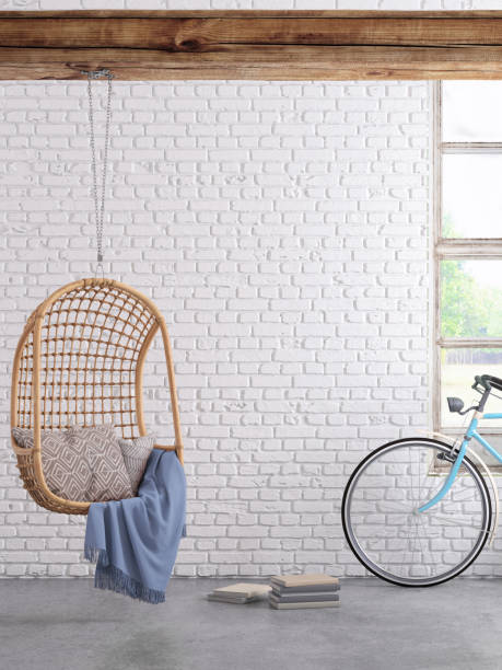 istock Modern hipster interior with pendant chair window and curtains with copy space wall 908700396