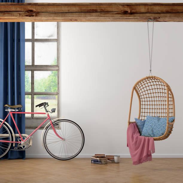 istock Modern hipster interior with pendant chair window and curtains with copy space wall 908700402