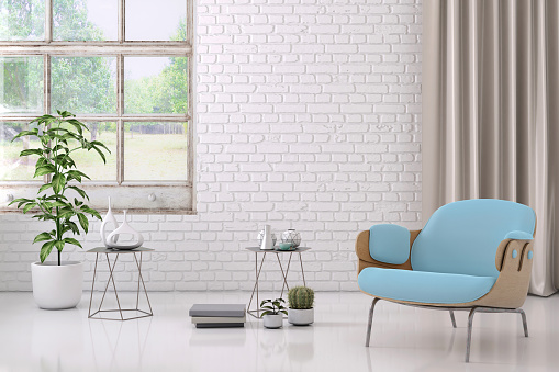 Interior render with pastel armchair and wall for copy space. coffee table with decor and plant in a vase. background mock up template