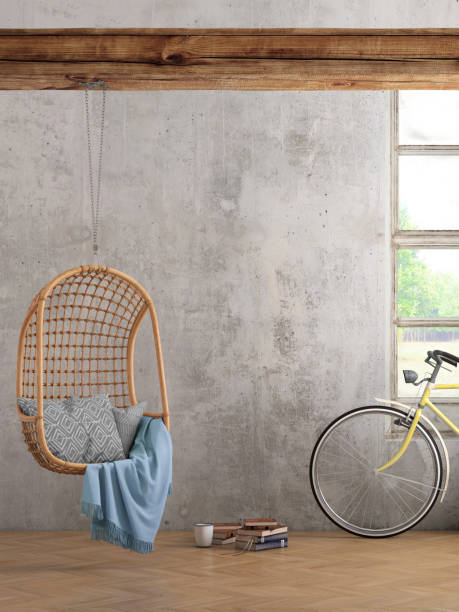 Modern hipster interior with pendant chair window and curtains with copy space wall