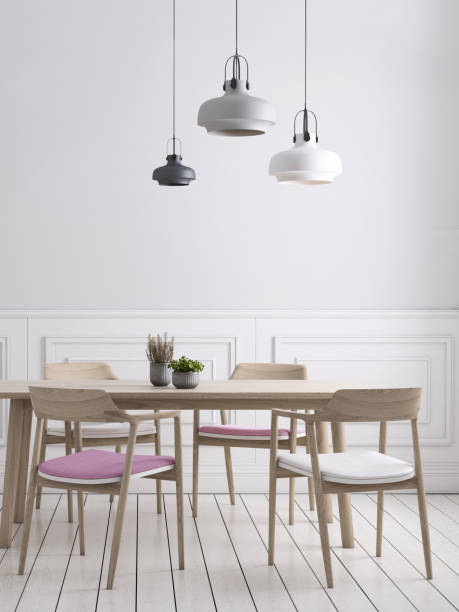 wandschablone hintergrund speisesaal - showcase interior home decorating chair pink stock-fotos und bilder