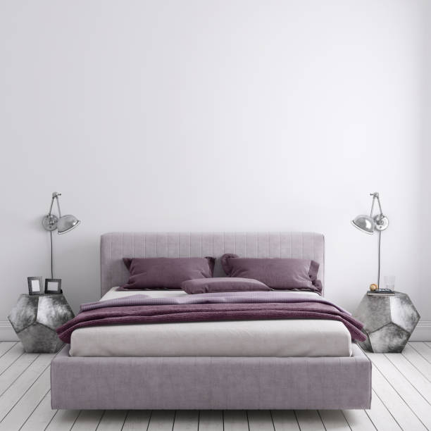 istock Bed with nightstand and wall lamp template 908700468