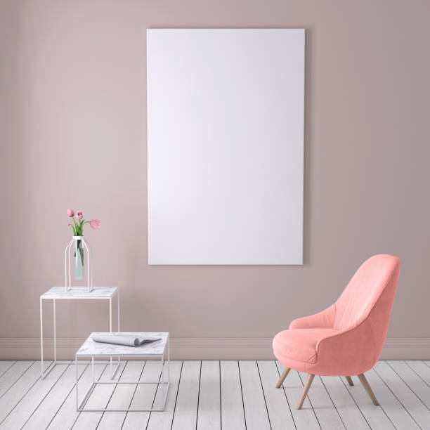 istock Red colored armchair with coffee table, flowers and blank poster template 908700474
