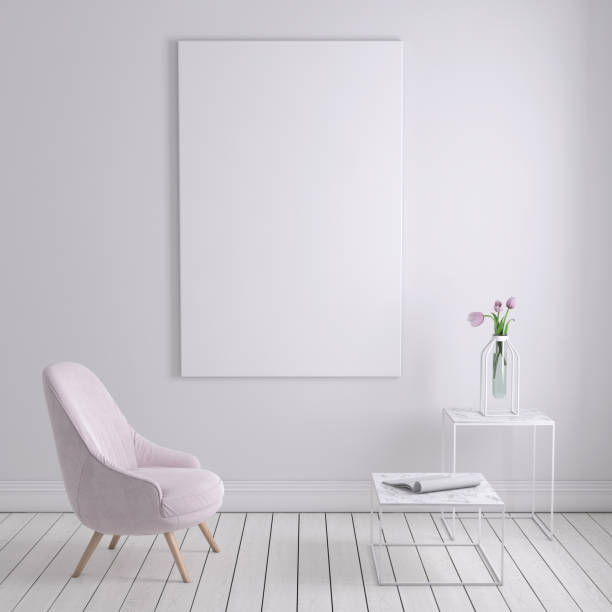 istock Pink colored armchair with coffee table, flowers and blank wall template 908700476