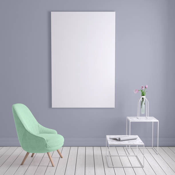 istock Green colored armchair with coffee table, flowers and blank poster template 908700508