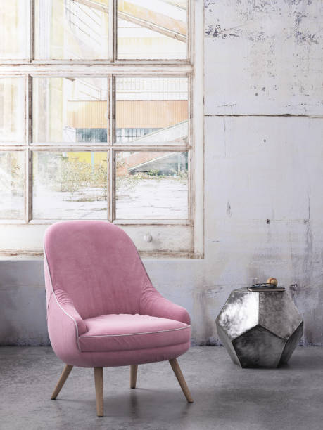 istock Pastel colored armchair with coffee table, window and blank wall template 908700532