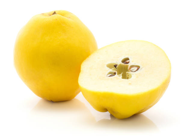 Fresh raw quince isolated on white One quince with a half isolated on white background raw yellow cydonia stock pictures, royalty-free photos & images