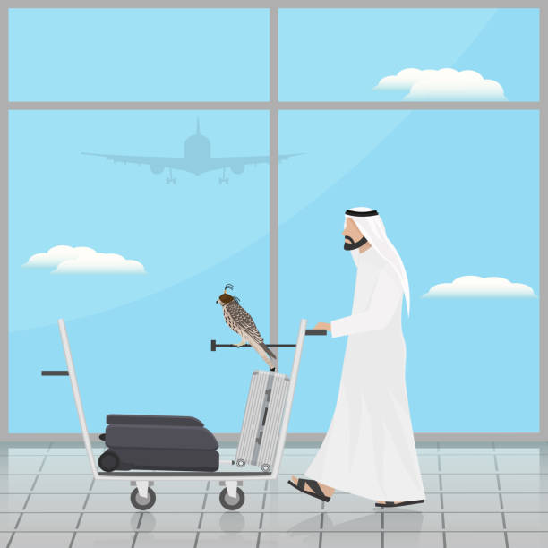 ilustrações, clipart, desenhos animados e ícones de árabes com um falcão em um carrinho no aeroporto - travel traditional culture business travel people traveling