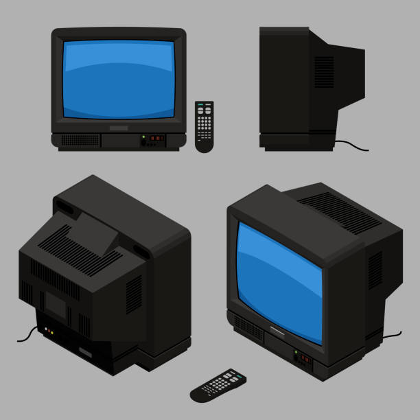 Old fashioned black TV with remote control Old fashioned black TV with remote control; Isometric television set from different sides vector old tv stock illustrations