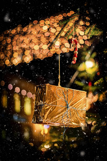 Golden gift at the Christmas tree while the snow is falling Golden gift at the Christmas tree while the snow is falling. nierstein stock pictures, royalty-free photos & images