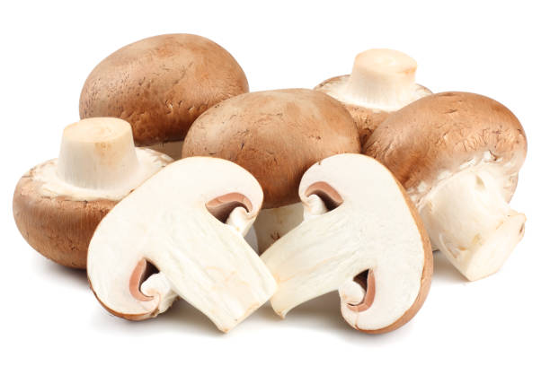istock Fresh champignon mushrooms isolated on white background 908720654