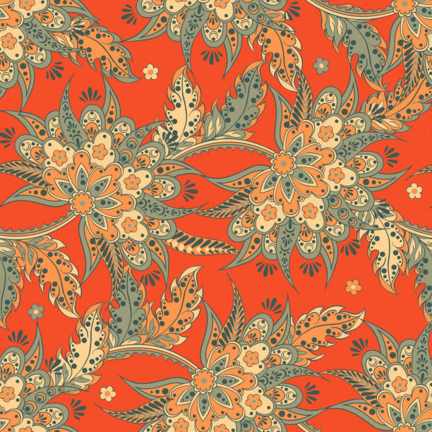 Indian floral seamless pattern in batik style Indian floral seamless pattern in batik style pashmina stock illustrations