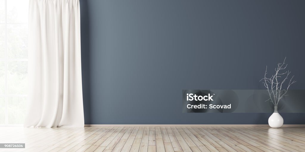 Interior background 3d render Empty interior background, room with blue wall, vase with branch and window 3d rendering Empty Stock Photo