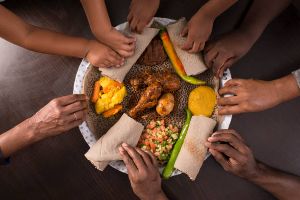 Ethiopian traditional hand held eating injera.