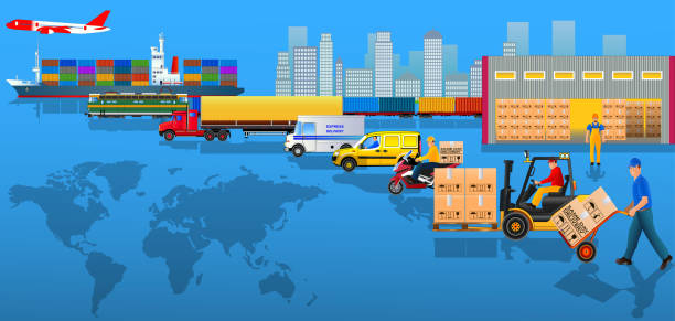 Global logistics network. Flat vector illustration. Cargo delivery Global logistics network. Flat vector illustration. Air cargo trucking, rail transportation, maritime shipping, warehouse, freight, delivery man, container ship. Vehicles designed to carry large numbers cargo. global logistics infographic stock illustrations