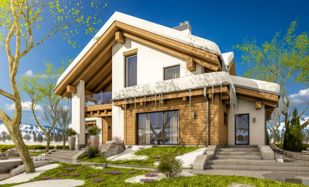 istock 3d rendering of spring modern cozy house in chalet style 908733932