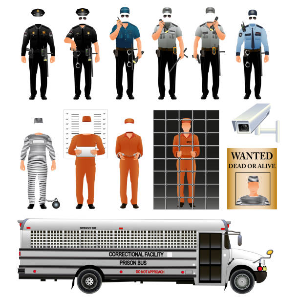 illustrazioni stock, clip art, cartoni animati e icone di tendenza di set di uniformi da prigioniero e guardia carceraria. vettore - lawbreaker
