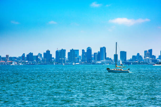 A sailboat on San Diego Bay with the skyline of downtown in the background on a summer afternoon.
